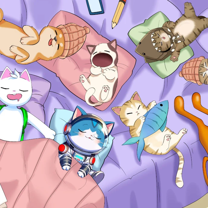 An illustrated family of Tang Ping cats relaxing together