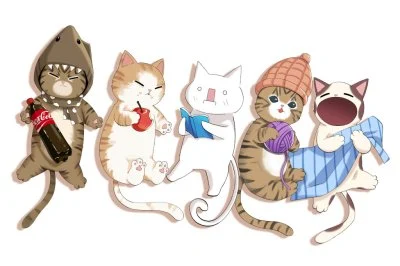Five Tang Ping Cat characters in different costumes