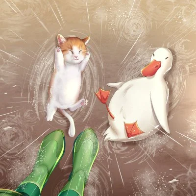 A goose washes a cat sitting in a garden