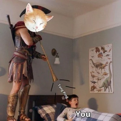 Tang Ping Cat as a warrior standing above an office worker