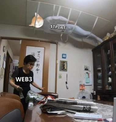 Tang Ping Cat floating above an office in a flying saucer