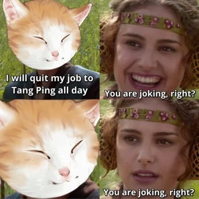 Tang Ping Cat in a four-panel joke about taking time off