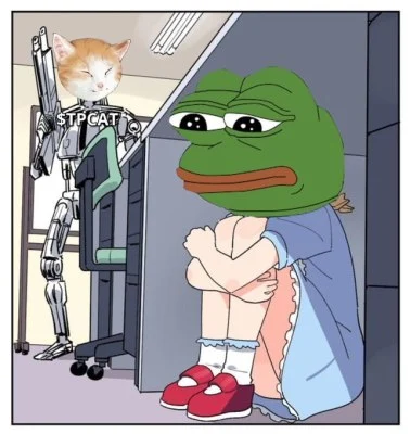 Tang Ping Cat as a robot beside a relaxed Pepe character